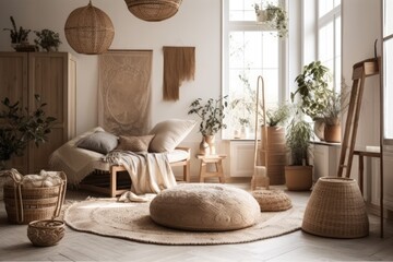 Obraz premium Scandi bohemian home mockup, beige room with natural wooden furnishings. Generative AI
