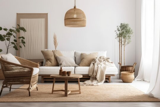 farmhouse interior living room, mockup of an empty wall in a white room with wooden furnishings and several plants,. Generative AI