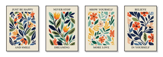 Set of 4 botanical wall art posters, brochure, flyer templates, contemporary collage. Organic shapes, line floral pattern with positive motivational, inspirational quotes.