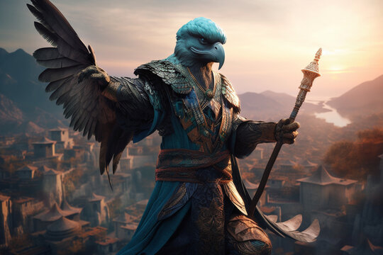 AI-Generated DND Paladin Aarakocra Bird Character, From the Elemental Plane of Air and Faerun's Kenku Playable Race atop of a Mountain