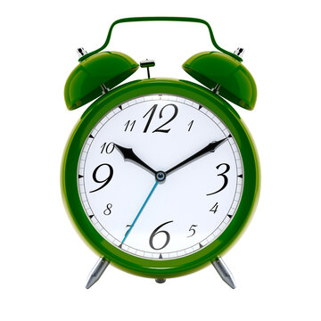Alarm clock, vintage style green color clock with black hands.