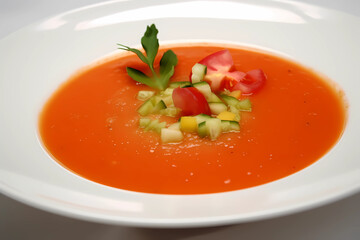 Gazpacho - Andalusia - Tomatoes, cucumbers, bell peppers, onion, garlic, bread, olive oil, vinegar, water (Generative AI)