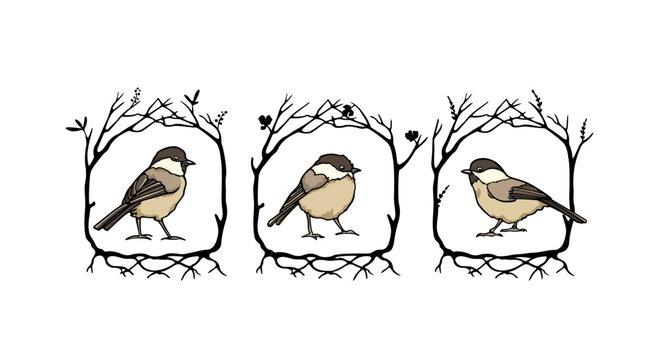 Vector graphic set with hand drawn cute Willow Tits in black floral wreath. Ink drawing, beautiful animal design elements. Logo template