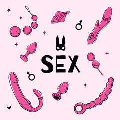 Sex shop hand drawn illustration set - obrazy, fototapety, plakaty