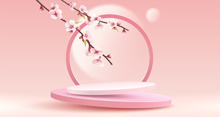 Podium nature presentation, season banner beauty, sakura holiday event. Vector © hobbitfoot