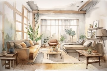 Fototapeta na wymiar Watercolor living room interior scene in wabi sabi style, basic living idea, hand drawn artwork on white backdrop. Generative AI