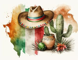 Watercolor sombrero and cactus on maxican flag background. Cinco de mayo - national traditional holiday of Mexico. Generative AI - 583667347