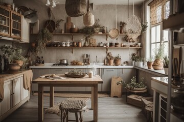 Fototapeta na wymiar Boho kitchen design. Wooden shelves, dishes, cutlery, decorations. Cozy interior. Generative AI