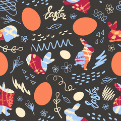 Easter bunny, chicken eggs and doodle with the inscription Easter. Festive seamless pattern. Vector