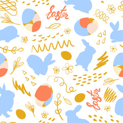 Easter bunny and chicken egg and floral scribble elements.  Vector