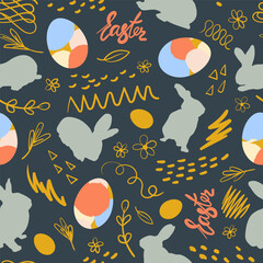 Easter bunny, chicken eggs and doodle with the inscription Easter. Festive seamless pattern. Vector