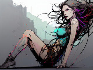Colored Scribble Art Woman Sitting in a Hazy Dystopian City Generative AI Illustration