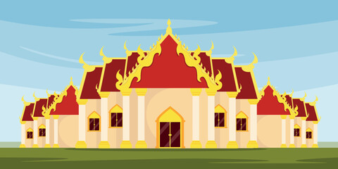 Vector illustration of a Buddhist temple and symbols: fire, air, earth, water and wisdom in cartoon style. Place of worship for buddhists. Asian culture. Religions of Thailand.
