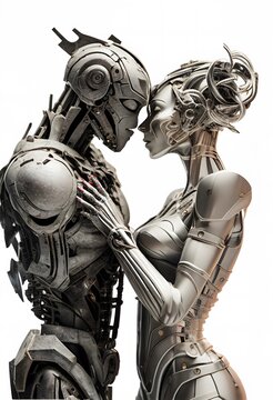 robot man and robot woman kissing each other