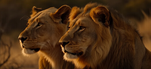 Fototapeta na wymiar Majestic African lion couple loving pride. animal wildlife,Generative AI