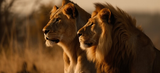 Majestic African lion couple loving pride. animal wildlife,Generative AI