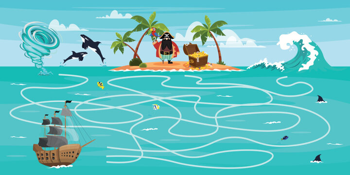 Vector illustration of childrens game a pirate island with treasures in cartoon style. An island with palm trees, a chest of gold and a pirate with a parrot. Sea storm.