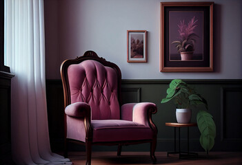 There is a pink velvet recliner and a blank picture frame on the wall,Generative AI