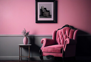 There is a pink velvet recliner and a blank picture frame on the wall,Generative AI