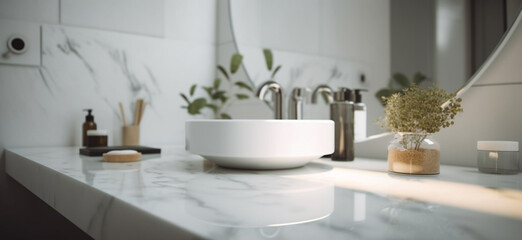 White bathroom interior. Empty marble table top for product display with blurred bathroom interior,Generative AI