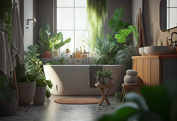 Your very own tranquil haven at home. Relax in this urban jungle inspired bathroom, complete with a white freestanding tub, assorted tropical plants,Generative AI