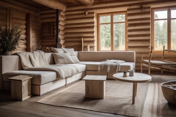 Naklejka na ściany i meble Bleached wood and beige log cabin living room. Carpet, fabric sofa, windows. Frame mockup, farmhouse interior,. Generative AI