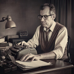 AI generative Retro writer working with typewriter in his office. Vintage style.