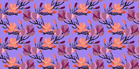 Fototapeta na wymiar Seamless vector pattern with magnolia flowers on a purple background for gift wrap, fabric, cover and interior design with flowers.