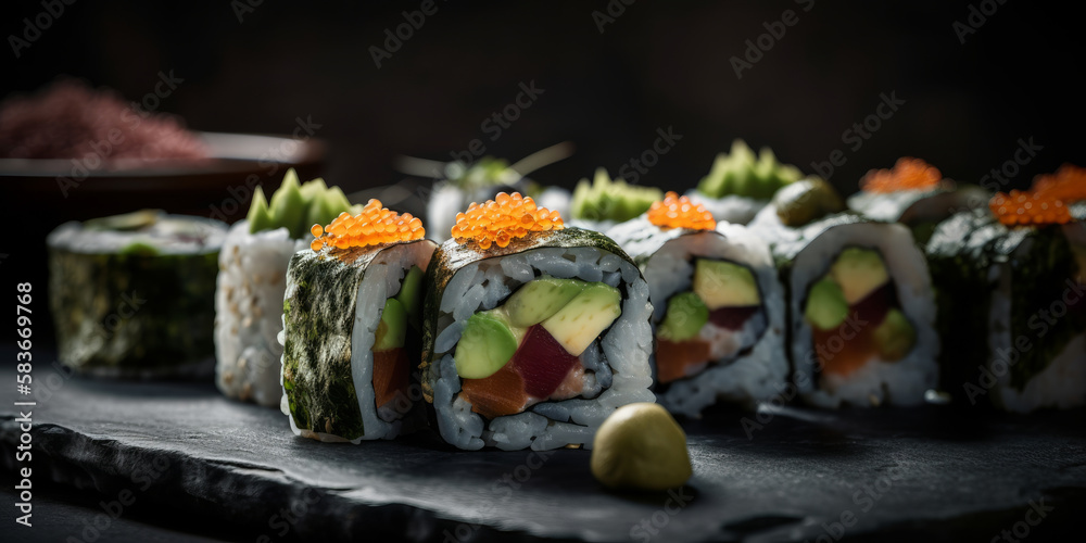 Wall mural bright close-up photo of gorgeous delicious sushi, ginger and wasabi, food photography, generative ai