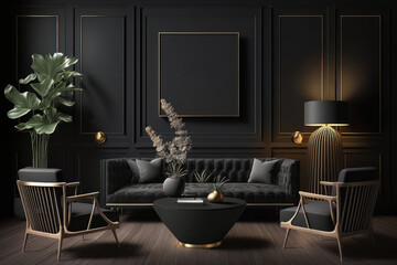 Modern luxury black room with mockup frame. Generative AI