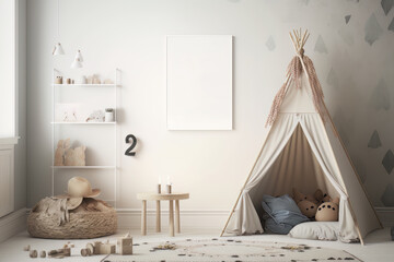 Kids bedroom with frame mockup. Boho Scandinavian decoration style. Generative AI