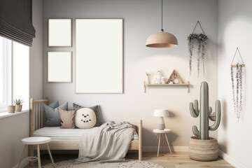 Kids bedroom with frame mockup. Boho Scandinavian decoration style. Generative AI