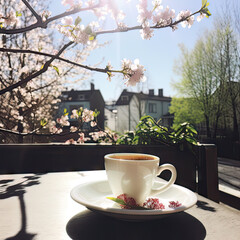 AI generative Cup of coffee with cherry blossoms on the terrace.