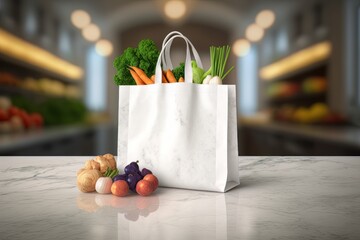 Reusable white shopping bag with colorful vegetables on kitchen table. Generative AI