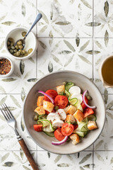 Traditional italian tomato salad panzanella with mozzarella, capers, red onion, croutons, cucumbers and basil served for a person. Summer salad on printed tile background with copy space, top view