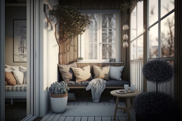 Balcony with Scandinavian decoration style. Generative AI