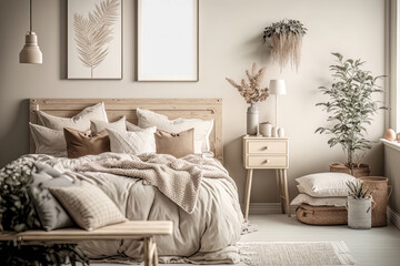 Boho bedroom with frame mockup. Scandinavian style decoration. Generative AI