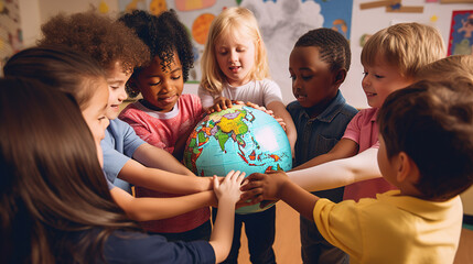Children hug the earth globe with their hands. Earth Day concept - obrazy, fototapety, plakaty