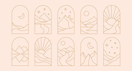 Boho landscape frame. Trendy linear bohemian windows desert mountain moon sun for logo icon tattoo. Minimal vector line set