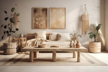 Scandi boho living room. Nature furniture on beige wall. warm beige. Generative AI
