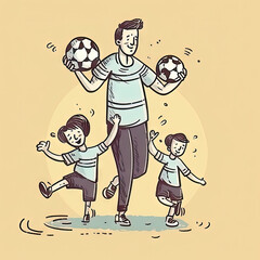 AI generated Father and children playing soccer. Hand drawn illustration in cartoon style.
