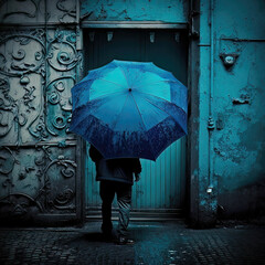 AI generative Illustration of a blue umbrella  in the evening