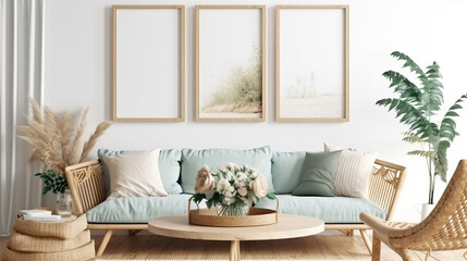 Mock up frame in cozy home interior background, coastal style living room, generative ai