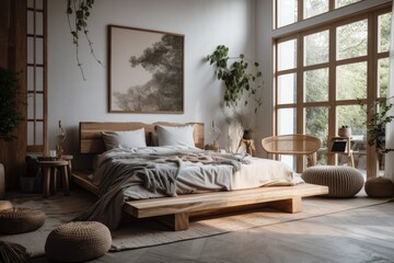 Fototapeta na wymiar House interior backdrop, warm white bedroom with brilliant furnishings natural wooden tables, contemporary style,. Generative AI