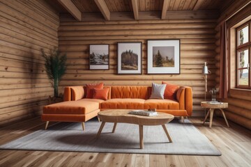 Fototapeta na wymiar Front image of orange beige log cabin living room. Frame mockup, fabric sofa with cushions. Farmhouse decor,. Generative AI