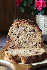 Banana bread with chocolate. Top view. Healthy food.