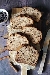 Banana bread with chocolate. Top view. Healthy food.