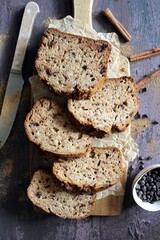 Banana bread with chocolate. Top view. Healthy food.