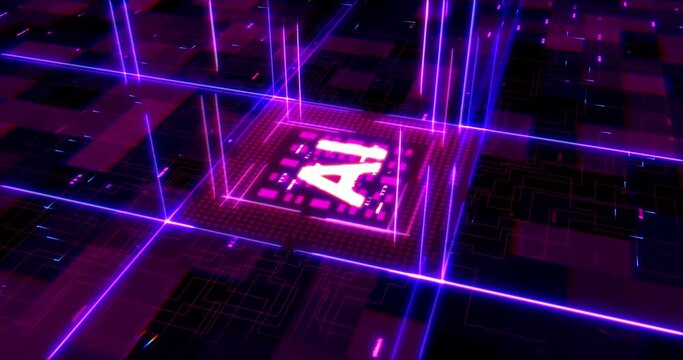 Artificial Intelligence Powered CPU Circuit Processing Data. Computer And Technology Related 4K 3D CG Animation.