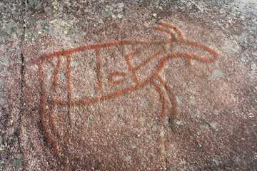 Petroglyphs of an elk oxen by Møllerstufossen Waterfalls in the Etna River, Oppland, Norway.